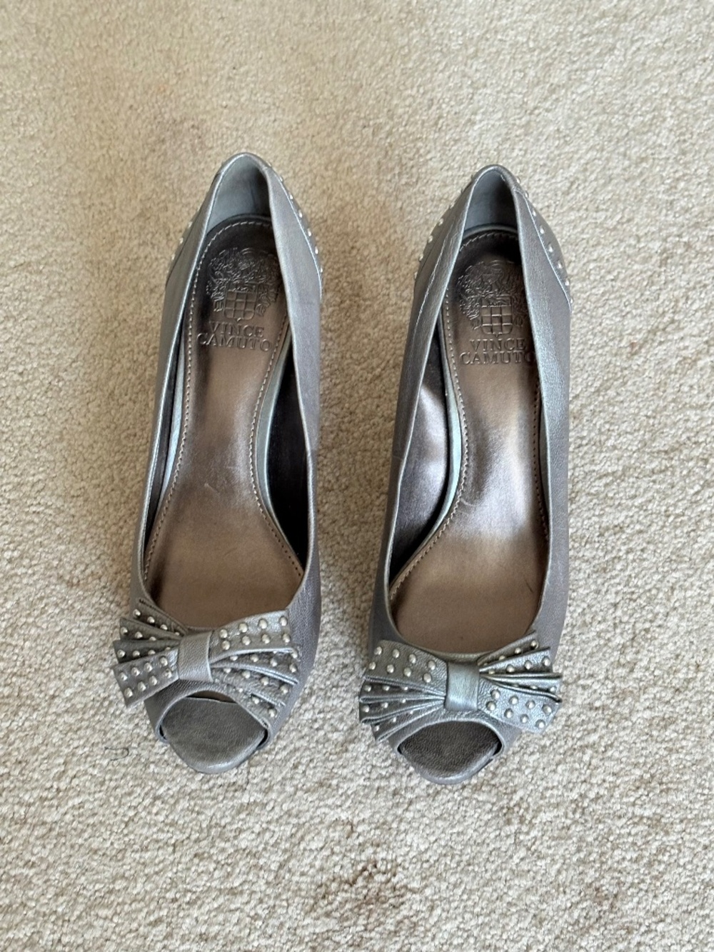 Vince Camuto Silver Peep Toe Heels with Studded Bow